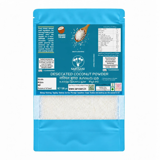 High Fat Desiccated Coconut Powder (Premium Tiptur Coconuts - 500g - STANDUP POUCH) | SARVAANI