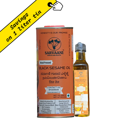 Sarvaani Black Sesame Oil can and bottle on a white background with yellow text overlay.
