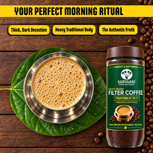 Sarvaani Filter Coffee in a clear jar with a dark brown lid, shown next to a glass of frothy brewed coffee on a green leaf over a rustic wooden background. Yellow banners at the top describe the coffee as thick, dark, and traditional.