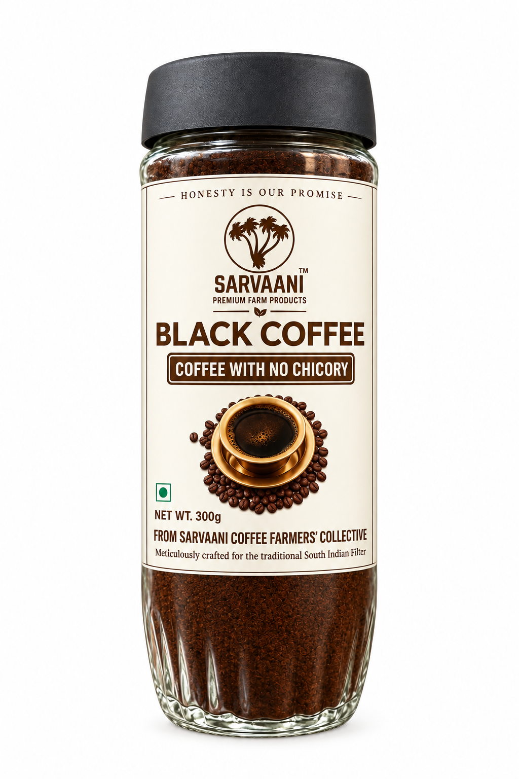 A jar of Sarvaani Black Coffee, 300g, featuring a white label with black text and a dark brown coffee swirl graphic, topped with a dark gray lid, isolated on a white background.