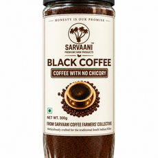 A jar of Sarvaani Black Coffee, 300g, featuring a white label with black text and a dark brown coffee swirl graphic, topped with a dark gray lid, isolated on a white background.