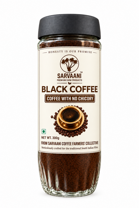 A jar of Sarvaani Black Coffee, 300g, featuring a white label with black text and a dark brown coffee swirl graphic, topped with a dark gray lid, isolated on a white background.