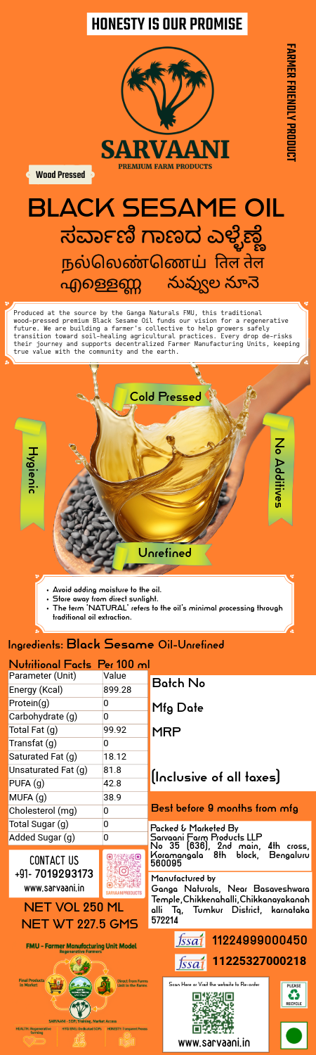 Wood Pressed Black Sesame Oil (Til Tel 250ml-1L Options) | Cold Pressed | SARVAANI