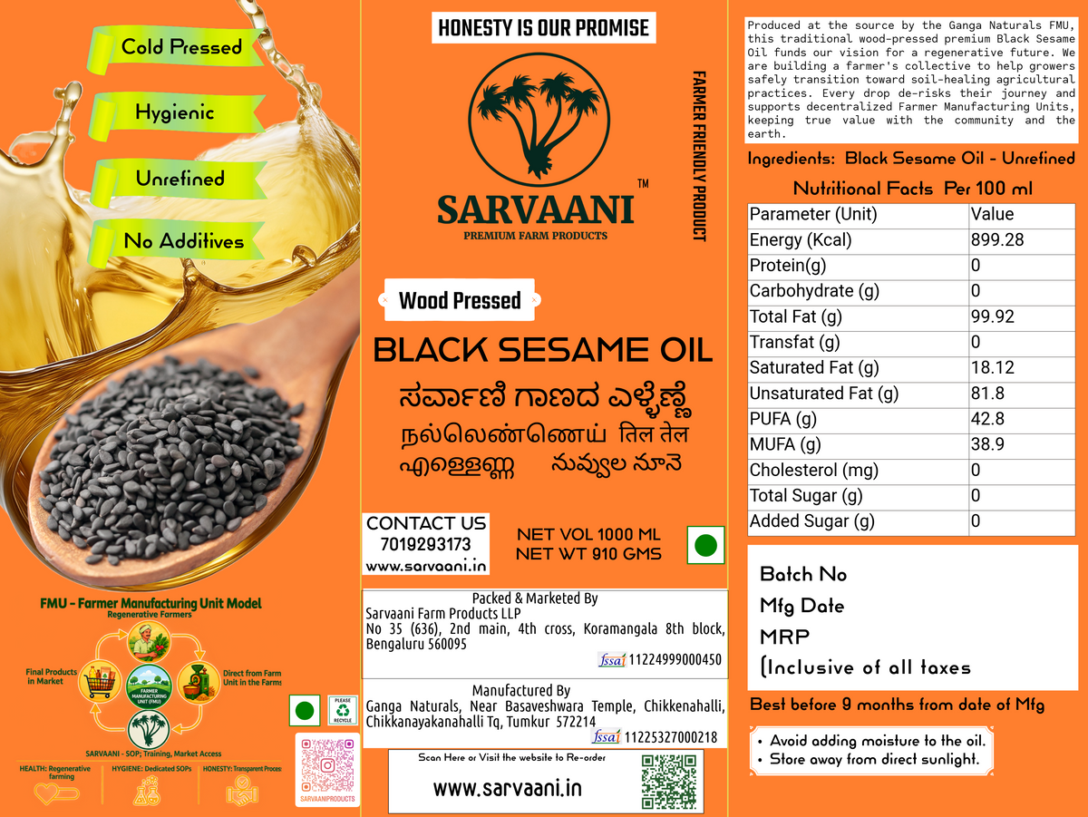Wood Pressed Black Sesame Oil (Gingelly Oil )- 1L Tin