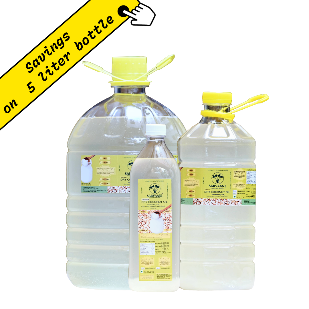 Three bottles of coconut oil with yellow labels and caps on a white background. Sarvaani Coldpressed Coconut Oil