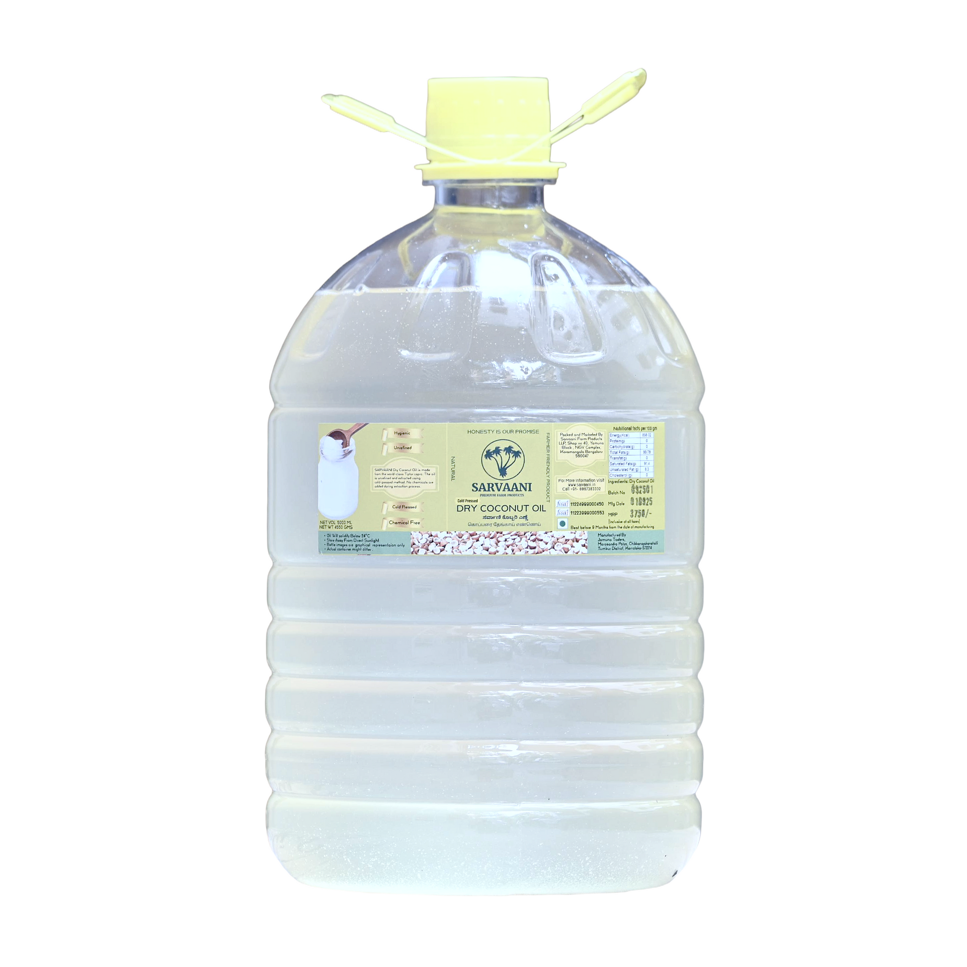 Large bottle of coconut oil with a label on a white background | Cold Pressed Coconut Oil | Sarvaani | Tiptur Copra