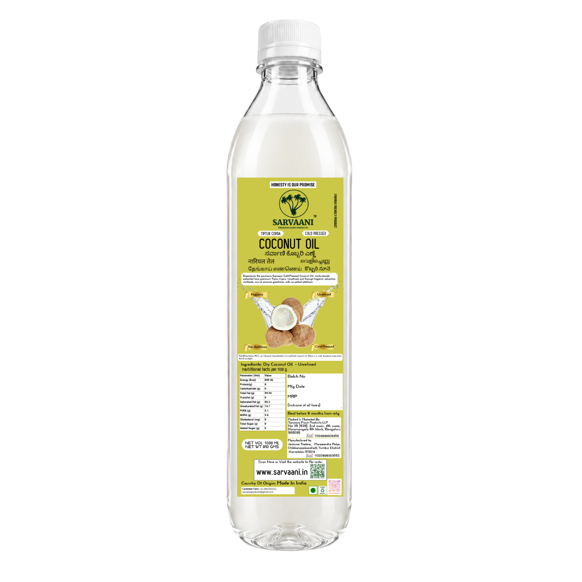 A bottle of Sarvaani Coconut Oil with a white cap and a light green label, shown against a plain white background.