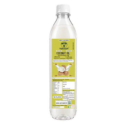 A bottle of Sarvaani Coconut Oil with a white cap and a light green label, shown against a plain white background.