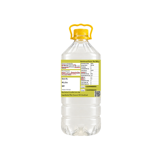 A 5-liter clear plastic bottle of sarvaani coconut oil with a yellow cap and handle, featuring a yellow and white label with nutritional information.