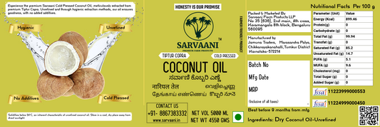 Cold Pressed Dry Coconut Oil (Premium Tiptur Copra - 500ml-5L Options) | SARVAANI