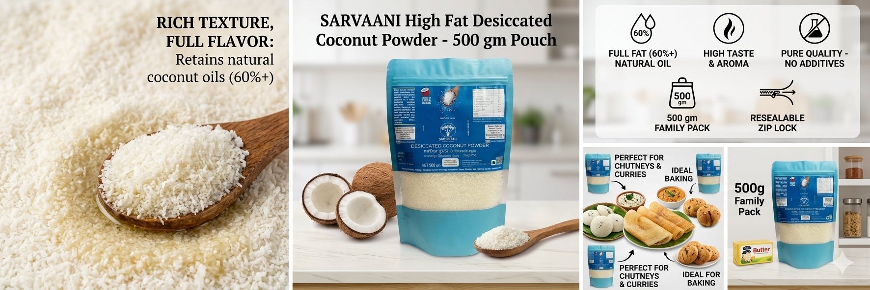 SARVAANI Desiccated Coconut Powder - High Fat & Pure - 500gm Pouch