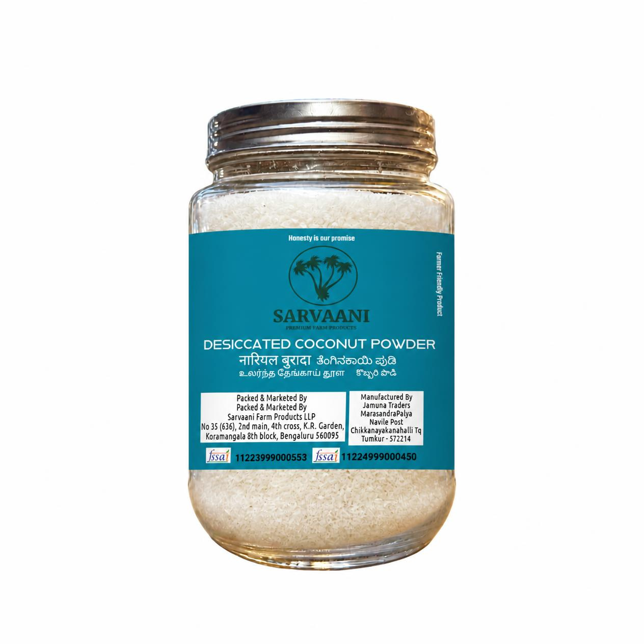 High Fat Desiccated Coconut Powder (Premium Tiptur Coconuts - 400g - GLASS BOTTLE) | SARVAANI