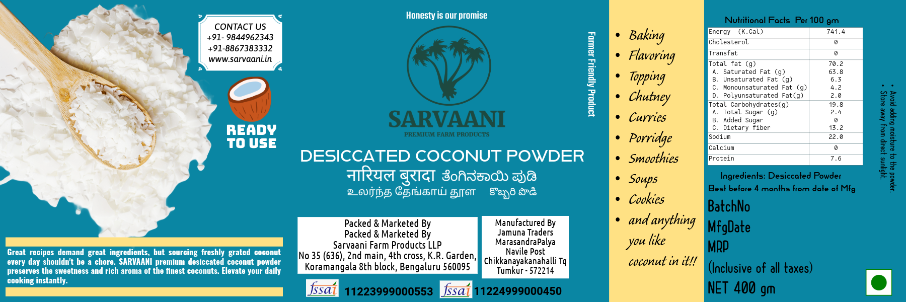 High Fat Desiccated Coconut Powder (Premium Tiptur Coconuts - 400g - GLASS BOTTLE) | SARVAANI