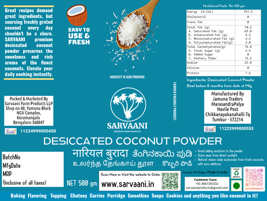 High Fat Desiccated Coconut Powder (Premium Tiptur Coconuts - 500g - STANDUP POUCH) | SARVAANI