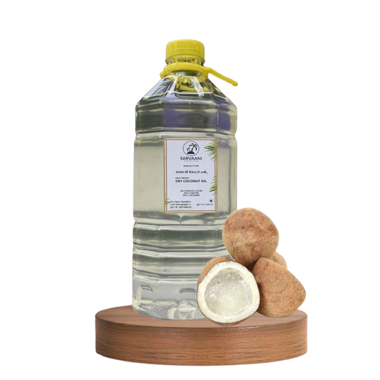 Bottle of dry coconut oil on a wooden stand with coconuts on a white background |Sarvaani |Cold Pressed