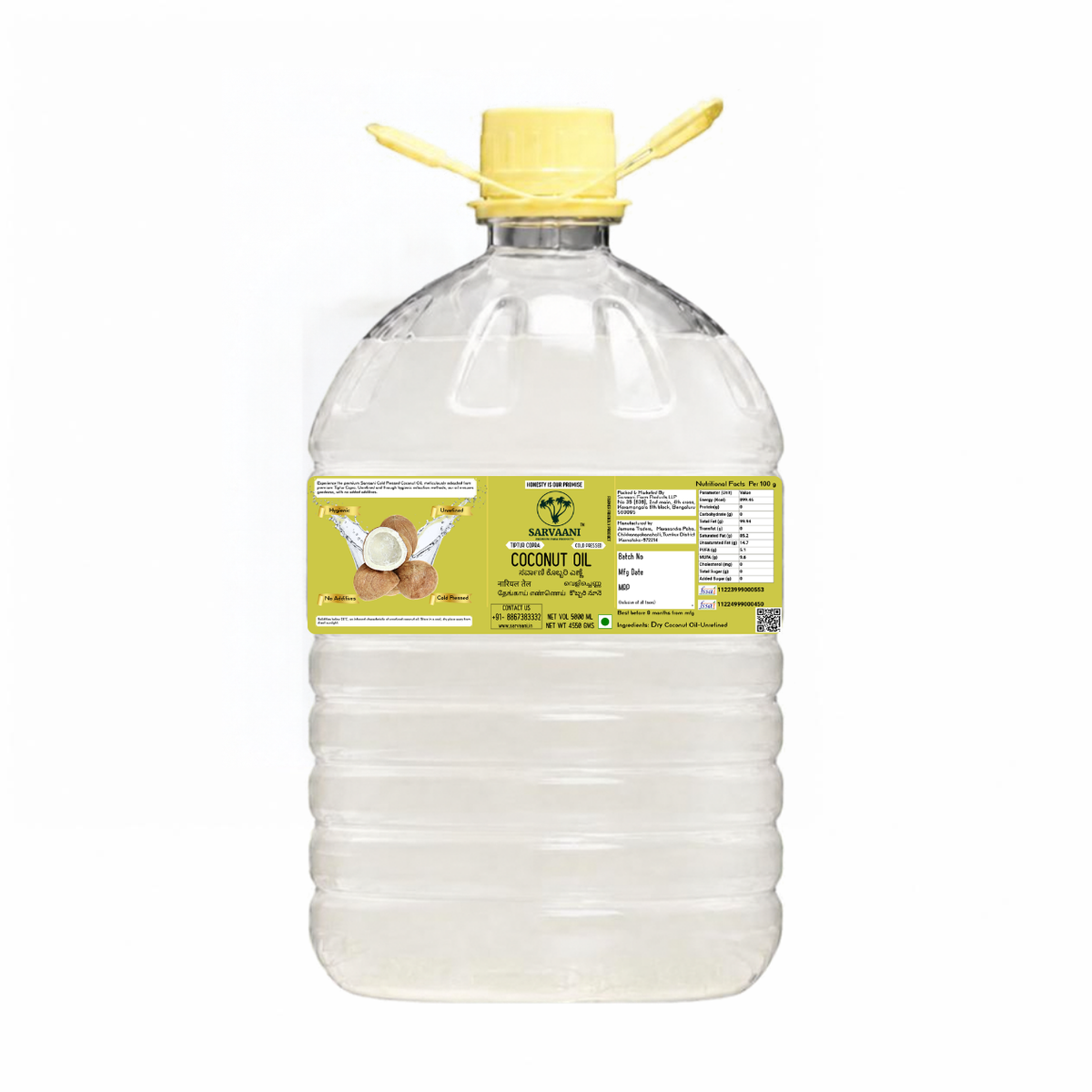 A large plastic bottle of Sarvaani Coconut Oil with a yellow cap and a yellow-green label, shown against a plain white background.