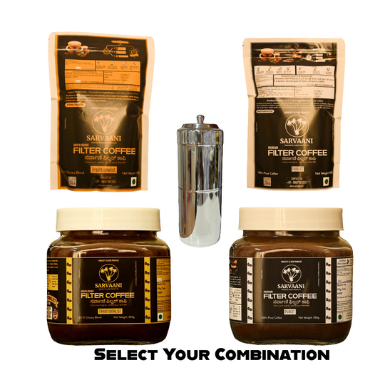 Sarvaani Filter Coffee packaging including bags, jars, and a grinder on a white background.