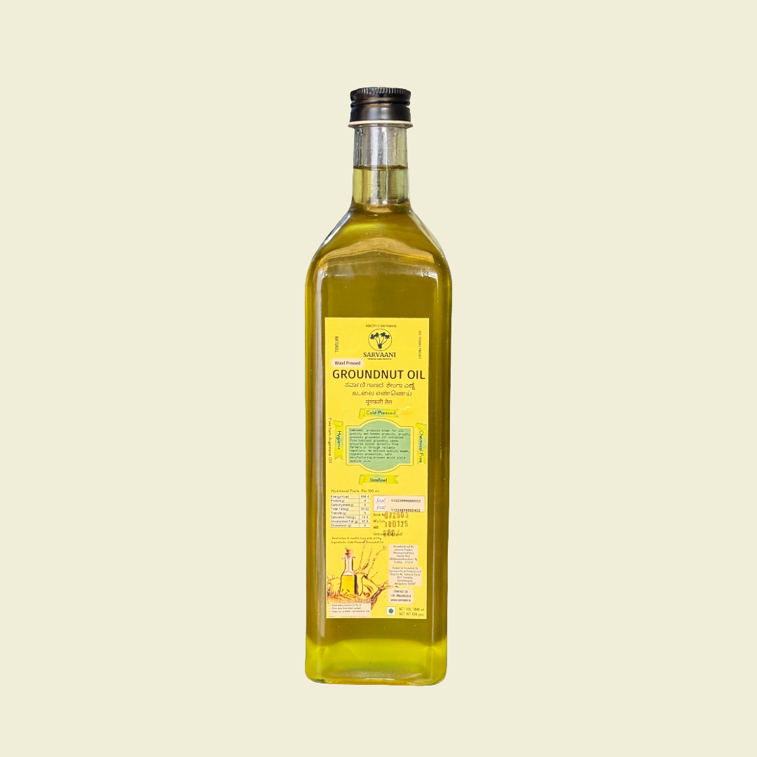 SARVAANI Wood Pressed Groundnut Oil - 1Liter - GLASS BOTTLE