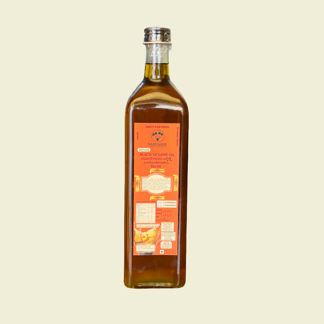 SARVAANI Wood Pressed Black Sesame Oil - 1 LITER - Glass Bottle - SARVAANI