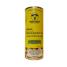 Can of Sarvaani groundnut oil on a white background. Wood Pressed | Cold Pressed