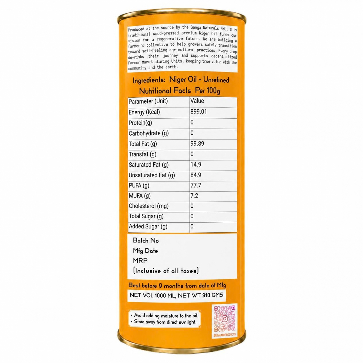 Wood Pressed Niger Oil (Mara Chekku - 1L Tin) | Cold Pressed | SARVAANI