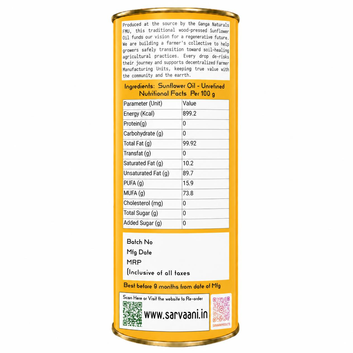 A cylindrical can of sarvaani Sunflower Oil showing the back side with a detailed nutritional facts label and ingredients list in English, featuring a yellow label on a white background.