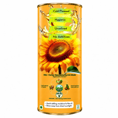 A tall cylindrical tin of sarvaani sunflower oil on a plain white background. The label features a large yellow sunflower, a splash of oil, and green text highlighting qualities like 'Cold Pressed', 'Hygienic', 'Unrefined', and 'No Additives'.