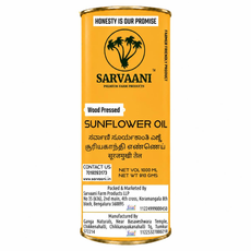 A 1000 ml cylindrical metal canister of Sarvaani Wood Pressed Sunflower Oil, featuring a bright yellow-orange label with black text and a palm tree logo.
