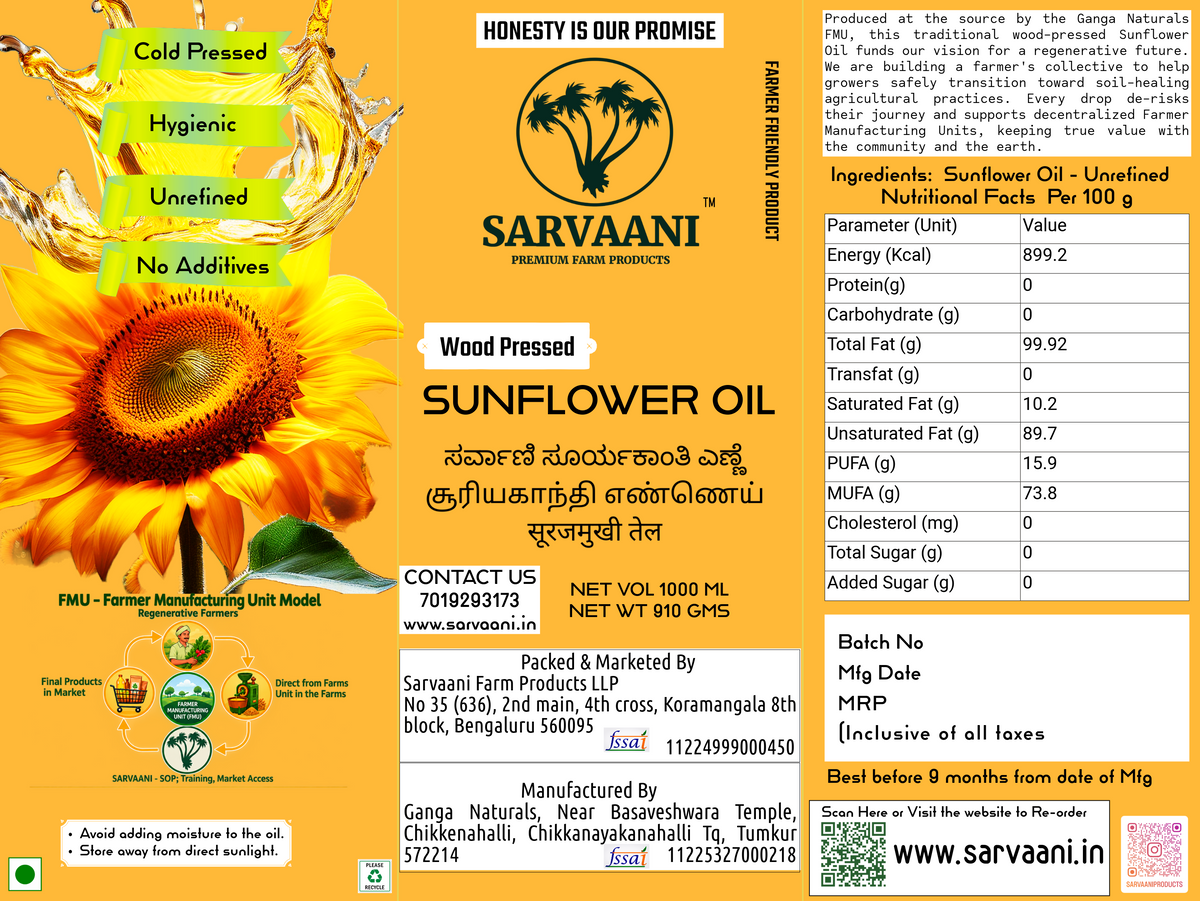 A product label for Sarvaani Sunflower Oil, showing a large sunflower illustration on a yellow background with text detailing the product's features like 'Cold Pressed', 'Hygienic', and 'Unrefined'.