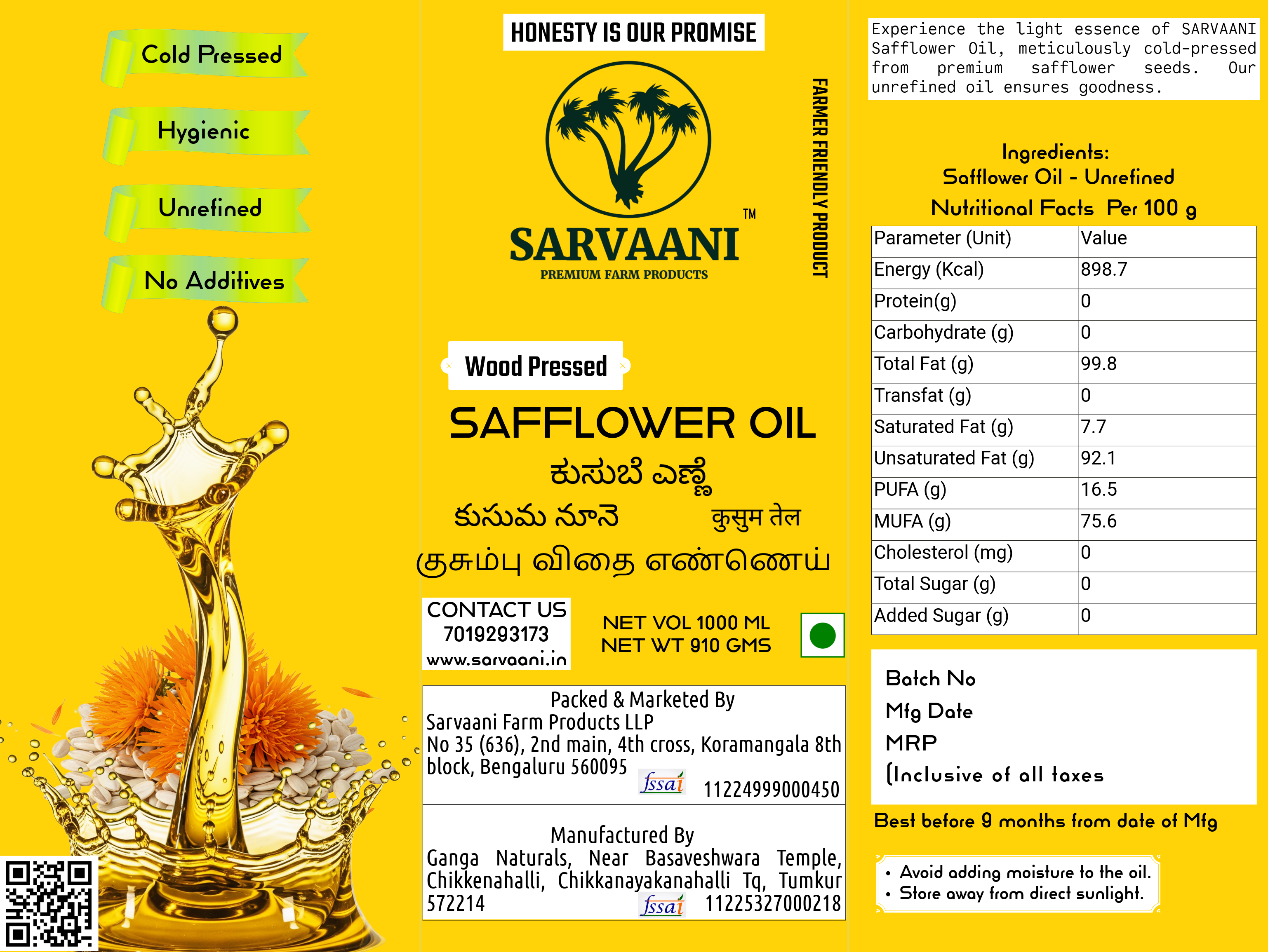 Wood Pressed Safflower Oil (Kardai Tel - 1L to 5L Options) | SARVAANI