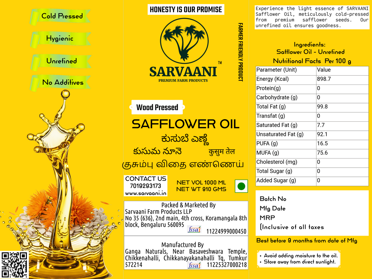 A bright yellow label for Sarvaani Wood Pressed Safflower Oil, featuring the brand logo, product details, nutritional facts, and illustrations of a palm tree and a cow.