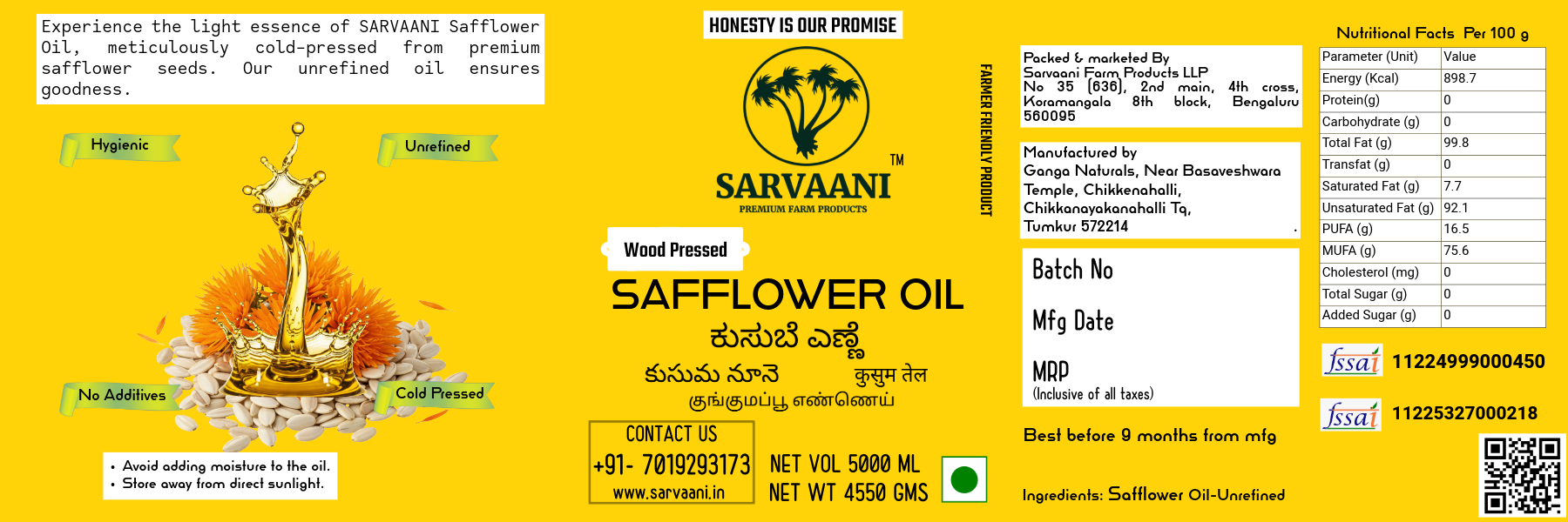 A large plastic bottle of Safflower Oil by SARVAANI, filled with golden yellow oil, featuring a yellow handle and a detailed product label on a white background.