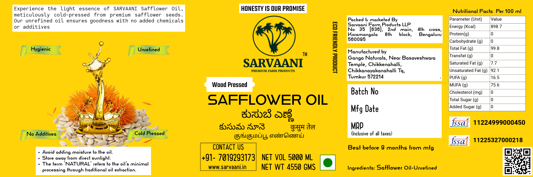 Wood Pressed Safflower Oil (Kardai Tel - 1L to 5L Options) | SARVAANI