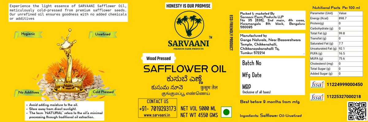 Wood Pressed Safflower Oil (Kardai Tel - 1L to 5L Options) | SARVAANI