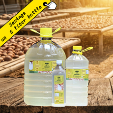 Three oil bottles with yellow caps on a wooden surface, with text about savings on a 5-liter bottle.