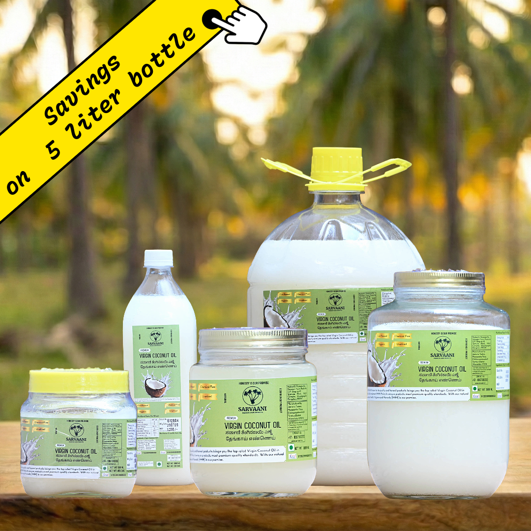 Set of Sarvaani Virgin coconut oil products with palm trees in the background