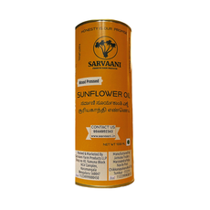 Can of Sarvaani sunflower oil on a white background. Wood Pressed