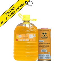 Sarvaani sunflower oil bottle and smaller container on a white background with yellow text overlay.