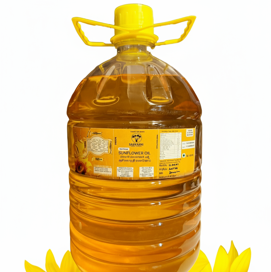Bottle of sunflower oil with a yellow cap and two sunflowers on a white background. Sarvaani Sunflower Oil - wood pressed | Cold pressed