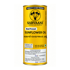 A 1000 ml yellow metal tin of Sarvaani Wood Pressed Sunflower Oil, featuring black text and a logo of two palm trees on a yellow background.