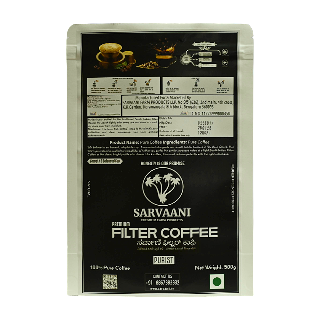 Purist by SARVAANI - 500g | 100% Pure Coffee (Best for Black Coffee)