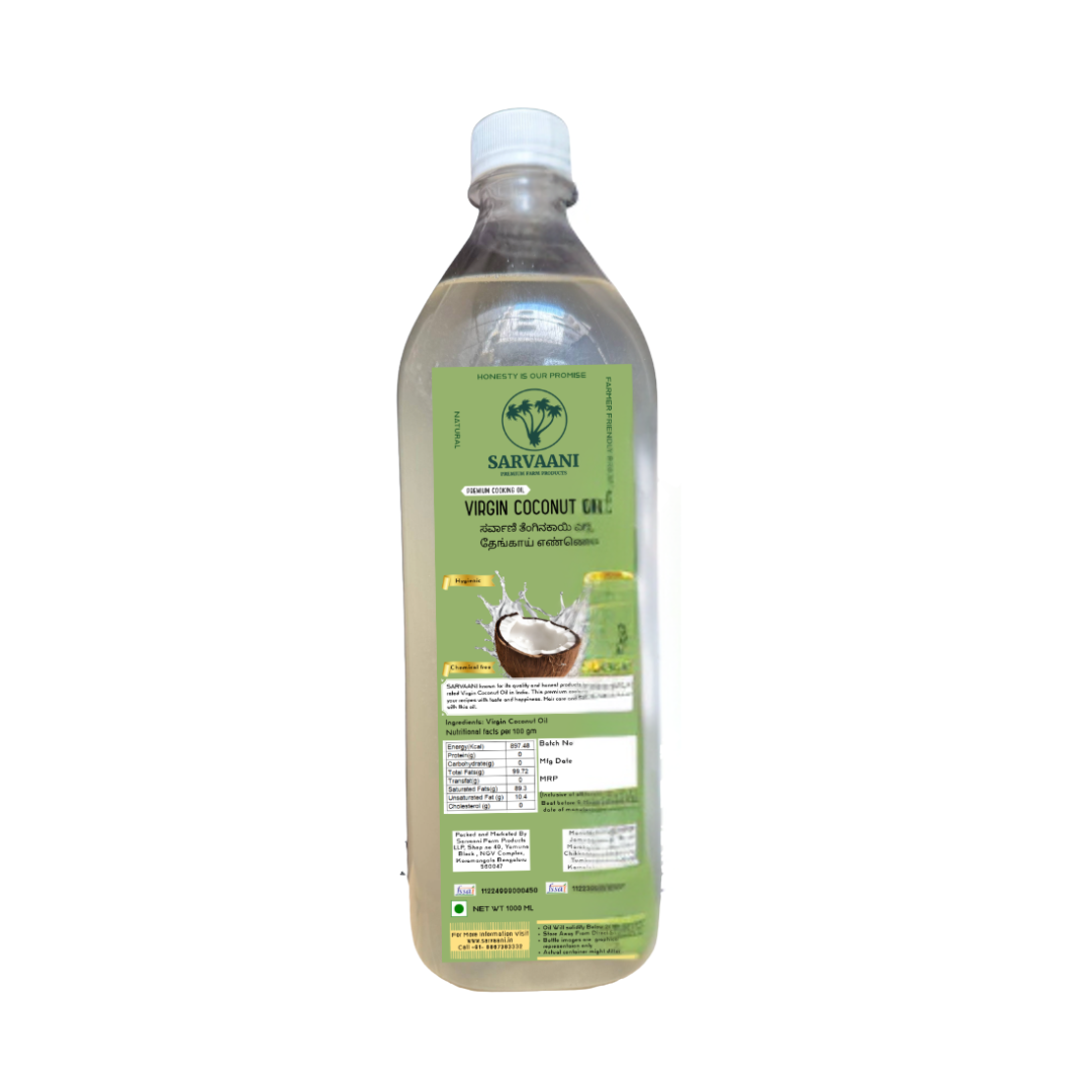 SARVAANI Virgin Coconut Oil - 1Liter - Food Grade Plastic Bottle