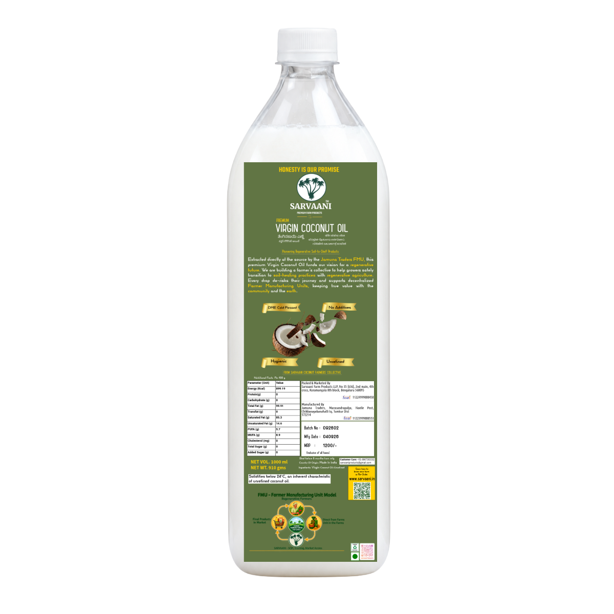 Premium Virgin Coconut Oil - Plastic - 1L