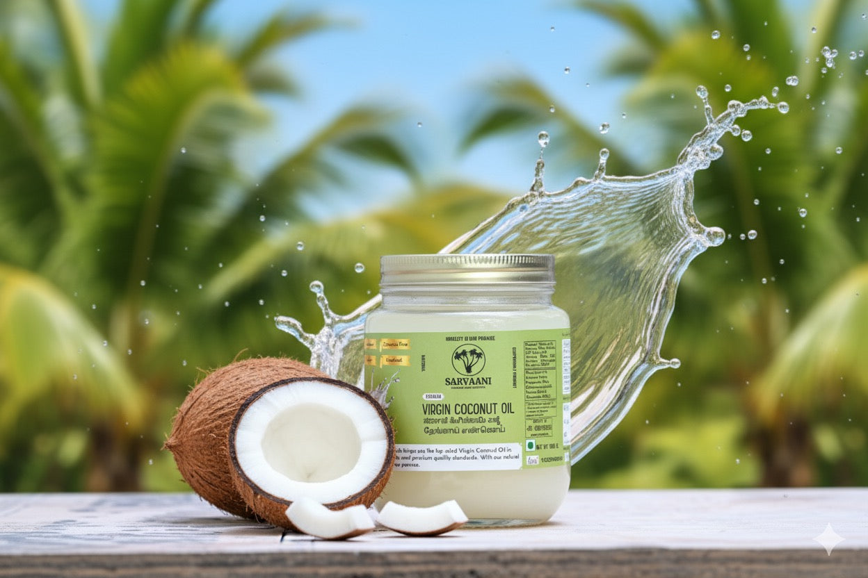 Jar of coconut oil with a coconut and splashing water against a natural background