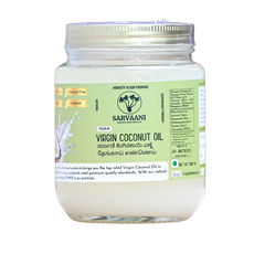 Jar of Sarvaani Virgin Coconut Oil with a green label on a white background
