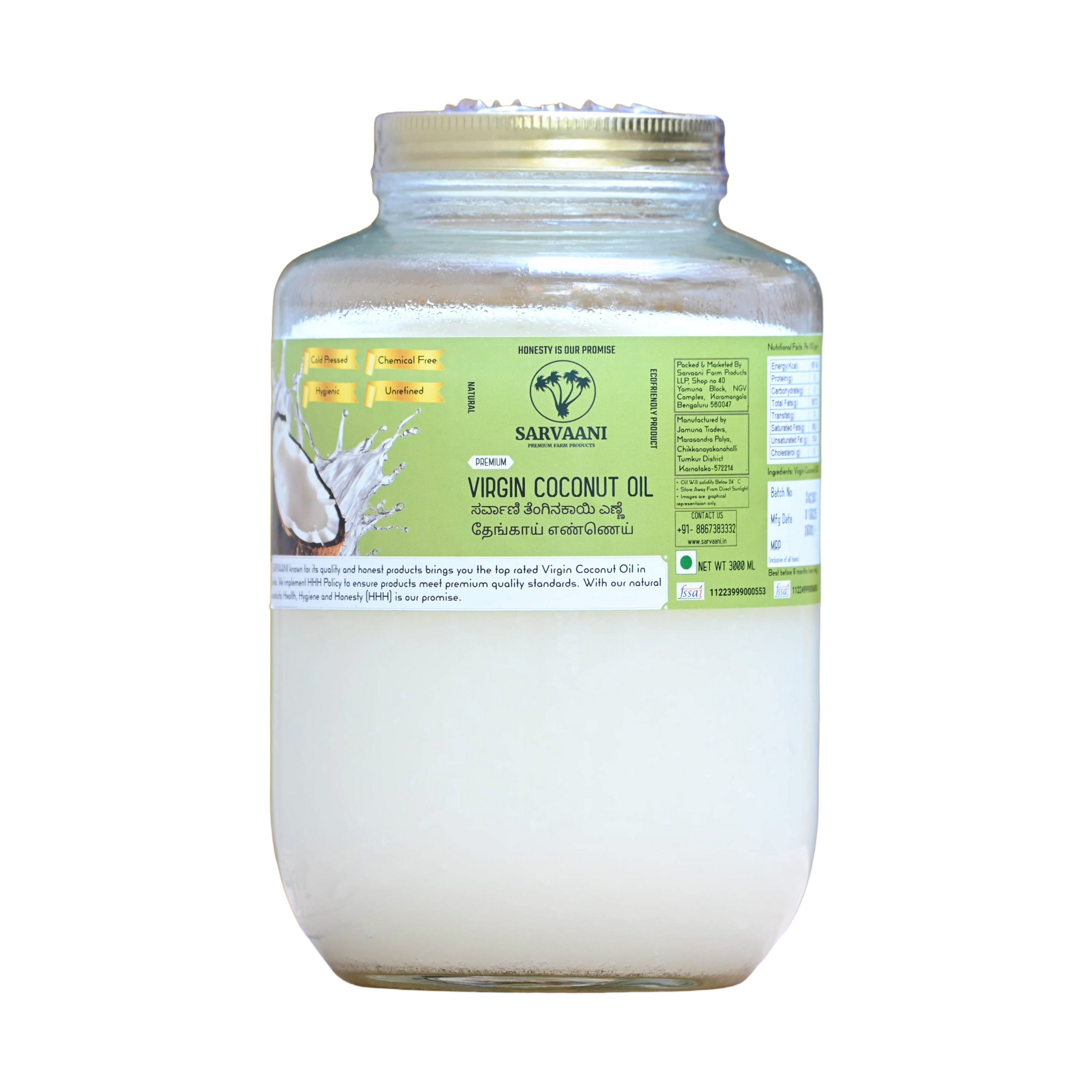 Jar of Sarvaani Virgin Coconut Oil on a white background | 3L Glass |Sarvaani Virgin Coconut Oil