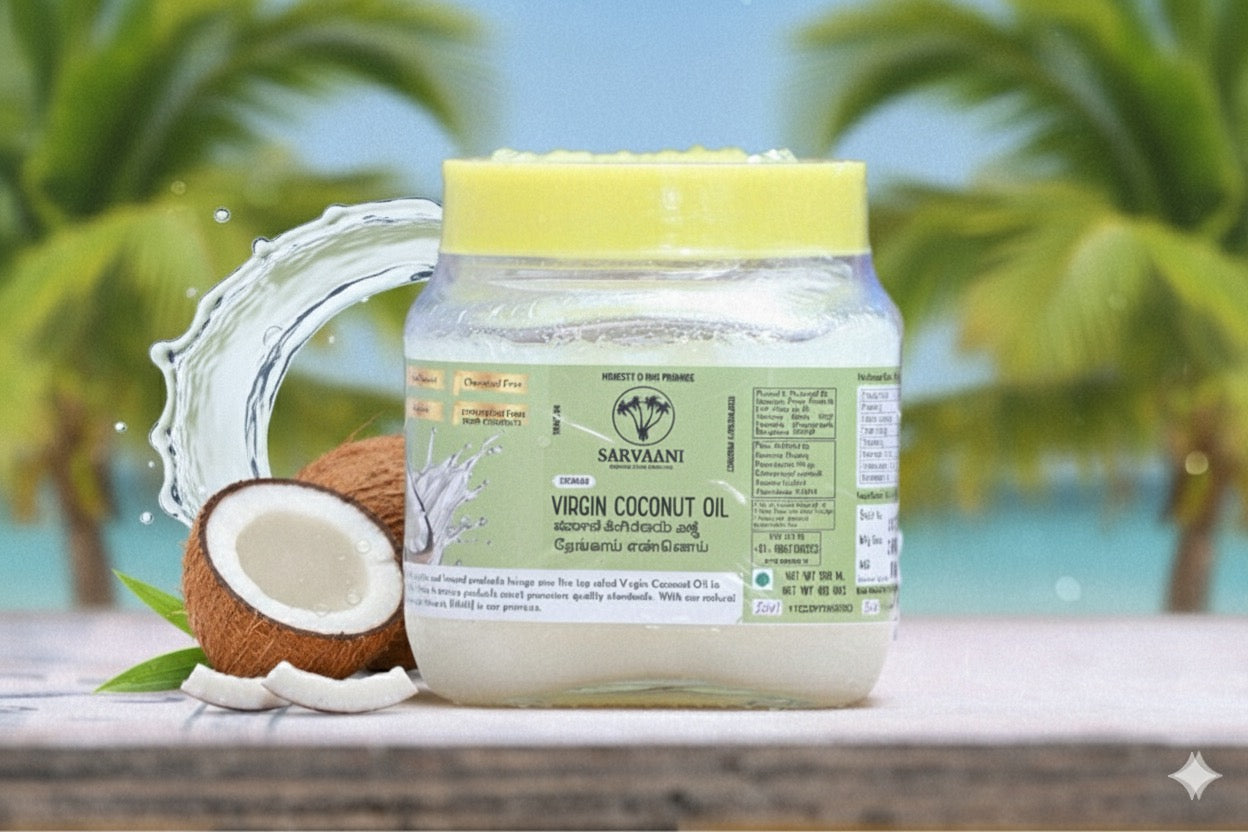 Jar of Suryavani Virgin Coconut Oil with a coconut and palm trees in the | 500ML_SArvaani VCO