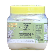 Jar of Sarvaani Virgin Coconut Oil with a yellow lid on a white background | 500 ML VCO Sarvaani