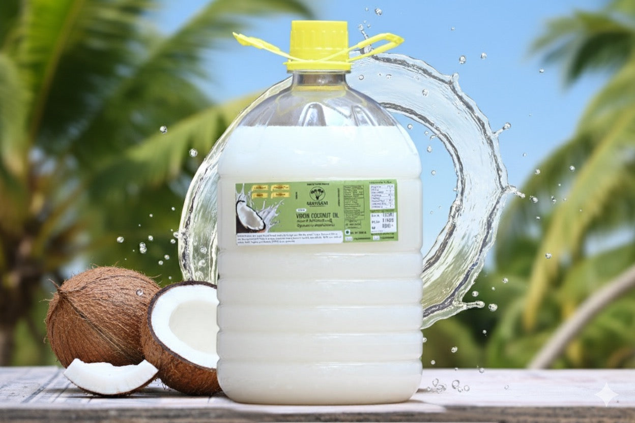 Coconut oil container with coconuts on a wooden surface, coconut trees in the background |Sarvaani Virgin Coconut Oil