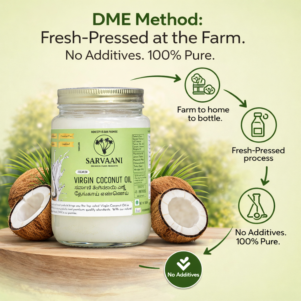 Jar of Sarvaani Virgin Coconut Oil with coconuts on a wooden surface, labeled as fresh-pressed at the farm with no additives.